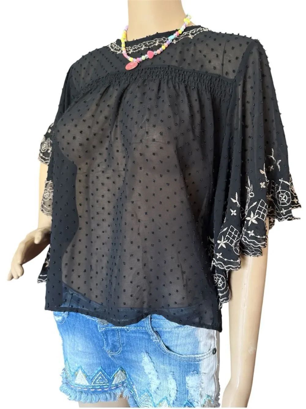 Zara Black Brown Embroidered Sheer Dot Flutter Sleeve top Light Feminine